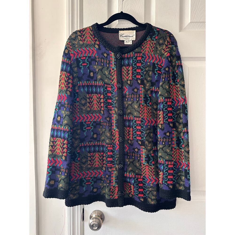 Castlebrook USA Vintage Ornate Black Button Grandpa Graphic Colorful Cardigan 16